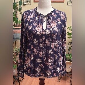 Lucky Brand Size Large Flowing Floral Blouse Bell Sleeve Tie Boho Hippie